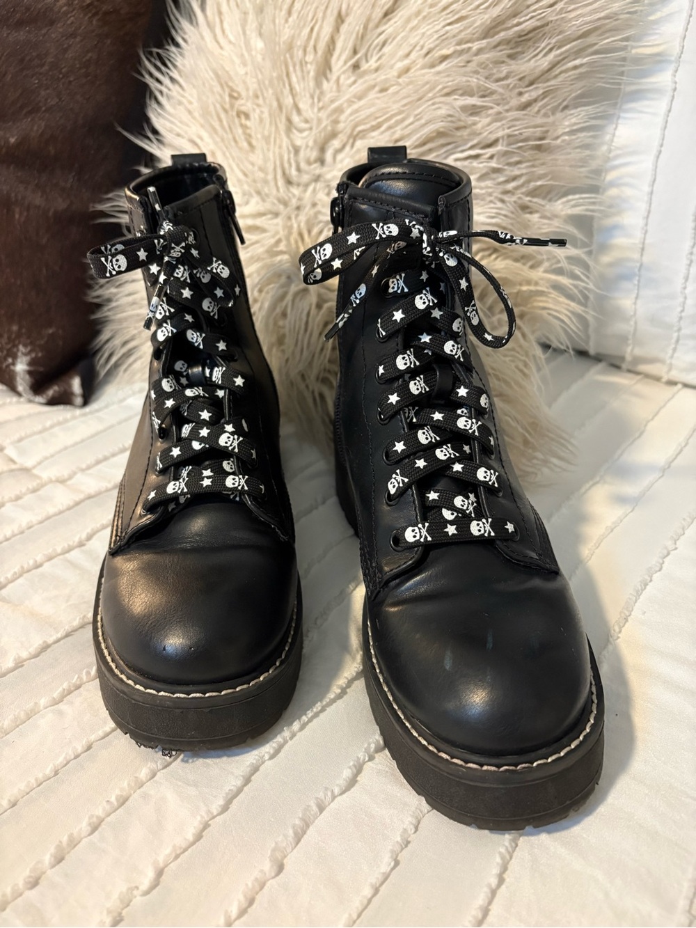 Black Lace-Up Platform Combat Boots with Skull Accent Laces